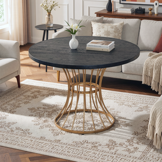 Sunvega 42 Inch Round Dining Table with Oak Veneer Top and Iron Base for Small Spaces