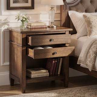 Sunvega Handcrafted Solid Wood Bedside Table with Drawers in Natural Aged Brown