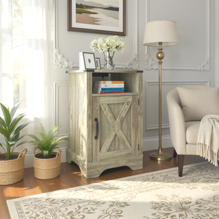 Sunvega White Oak Farmhouse Nightstand with Charging Station and Ample Storage