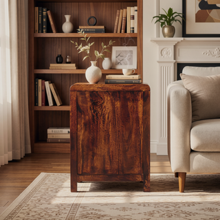Sunvega Solid Wood California Walnut Naya Bedside with 3 Spacious Drawers and Brass Knobs
