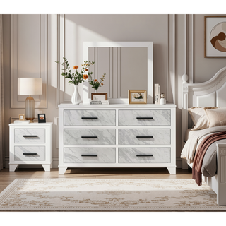Sunvega White Rubberwood Nightstand with Faux Marble Inset and Black Bar Pulls