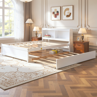 Sunvega White Twin Trundle Bed with Storage Headboard and Bookcase