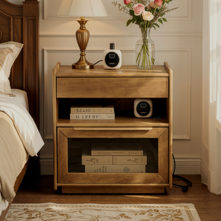 Sunvega Mid Century Modern Nightstand with Charging Station and 2 Drawers Dark Walnut