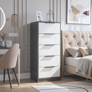 Sunvega Maryland White Pine Finish 5 Drawer Dresser with Metal Handles