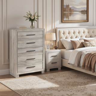 Sunvega Modern Gray Finish Two-Drawer Nightstand with Antique Brass Pulls