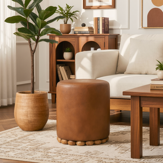Sunvega Bola Leather Stool with Wooden Feet and Rounded Oak-ish Finish