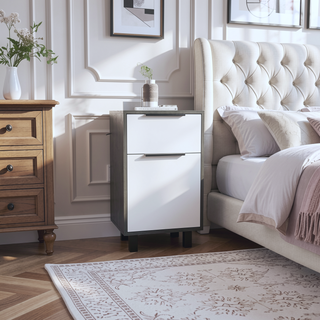 Sunvega Smokey Oak White Nightstand with Drawer and Spacious Cabinet for Bedroom
