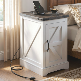 Sunvega Farmhouse Side Table with Charging Station USB Ports and Storage Cabinet