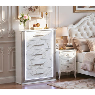 Sunvega Modern White and Gold Finish Five-Drawer Chest with LED Lights