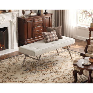 Sunvega Beige Tufted Upholstered Bench with Plush Cushioned Seat and Champagne Metal Legs