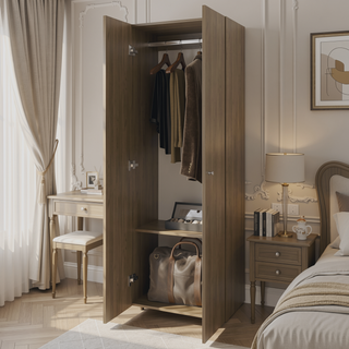 Sunvega Wenge 2-Door Tall Wardrobe Cabinet with Hanging Rod for Bedroom