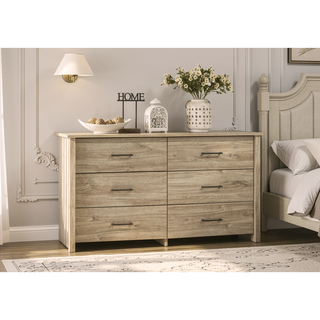 Sunvega Celeste 57 Inch Light Oak Finish 6-Drawer Dresser with Black Metal Handles