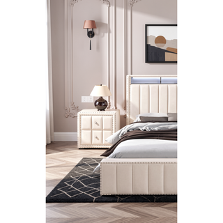 Sunvega Beige Contemporary Nightstand with Crystal Knobs and Vertical Tufting