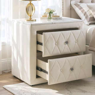 Sunvega Modern Ivory Upholstery Fabric Nightstand with Faux Marble Top