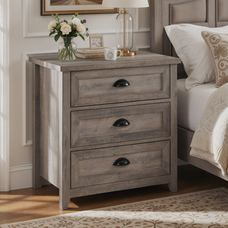 Sunvega Transitional Farmhouse 3-Drawer Nightstand with Cup Handles and Framed Door