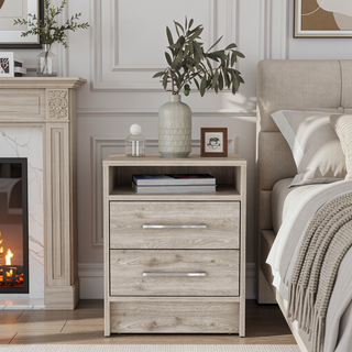 Sunvega Smokey Oak and White Finish Nightstand with Two Drawers and Open Shelf