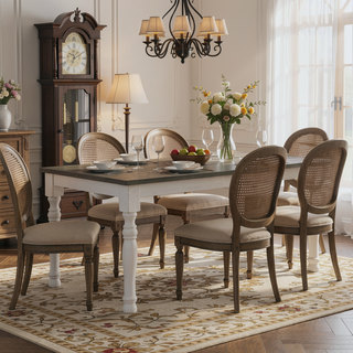 Sunvega Farmhouse Two-Tone Distressed Wood Dining Table with Turned-Leg Design