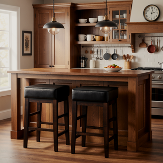Sunvega Set of Two Black Faux Leather Counter Height Stools with Solid Wood Frame
