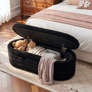 Sunvega Modern Oval Upholstered Boucle Teddy Fabric Storage Ottoman Bench with Safety Hinge