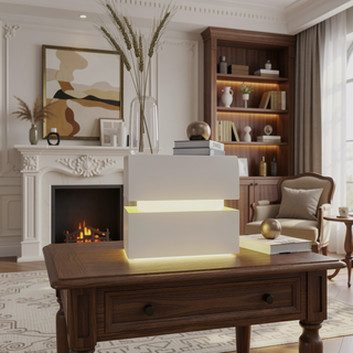 Sunvega White High Glossy Modern Nightstand with 2 Drawers and RGB LED Light