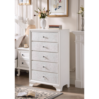 Sunvega Modern Glam White Crocodile Texture Two Drawer Nightstand with Crystal Pulls