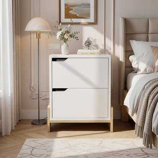 Sunvega Brookland Nightstand with Double Drawers and Sturdy Base in White Macadamia