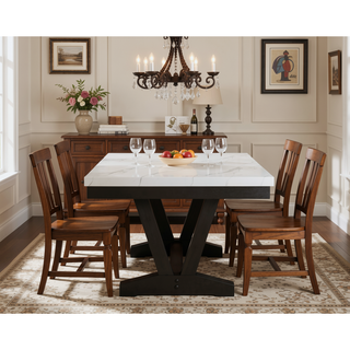 Sunvega Modern Dining Table with White Faux Marble Top and Black Trestle Base