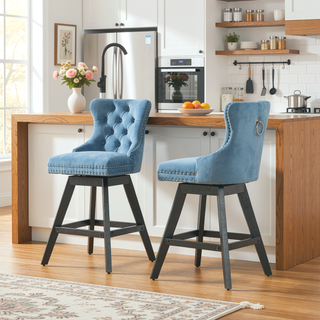 Sunvega Swivel Velvet Barstools with Button Tufted Back and Chrome Nailhead Trim