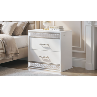 Sunvega Glam Modern White Wood Nightstand with LED Lights and Velvet Lined Drawer