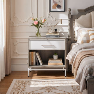 Sunvega Weathered Gray Oak and White Finish Nightstand with Drawer and Shelf