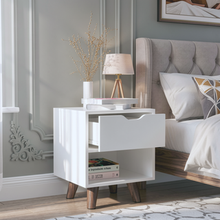 Sunvega Modern Nightstand with Open Shelf and Drawer on Wooden Legs for Bedroom
