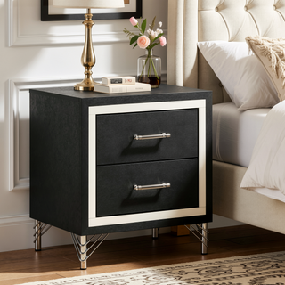 Sunvega Malcolm Black Modern Two-Drawer Nightstand with Gleaming Chrome Trim