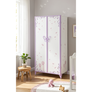 Sunvega White and Purple Butterfly Design Metal Wardrobe with Hanging Rod