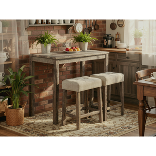 Sunvega Transitional Brown Rubberwood Dining Table with 2 Tufted Seat Stools
