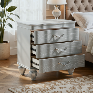 Sunvega Silver Wood Nightstand with Three Metal Drawer Pulls in Landmark Traditional Style