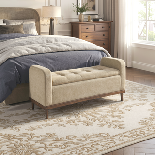 Sunvega Solid Wood Walnut Finish Tufted Dark Gray Upholstered Storage Bench with Lift Top