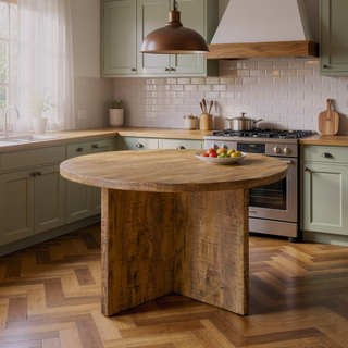 Sunvega Mango Brown Round Dining Table with Sculpted Geometric Base and X-Cross Legs