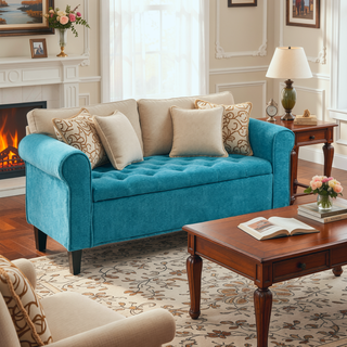 Sunvega Teal Tufted Storage Ottoman Bench with Rolled Arms for Bedroom Living Room