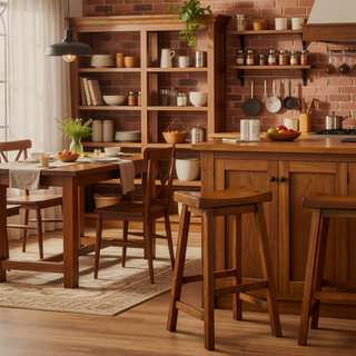 Sunvega Oak Brown Wooden 29" Counter Height Stool with Saddle Seat