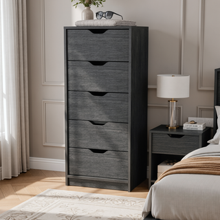 Sunvega Smokey Oak 5 Narrow Drawer Dresser with Pull-Out Mechanism and Spacious Storage