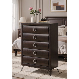 Sunvega Dark Merlot Finish Chest with Five Drawers and Black Metal Legs
