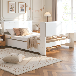 Sunvega White Twin Trundle Bed with Storage Headboard and Bookcase