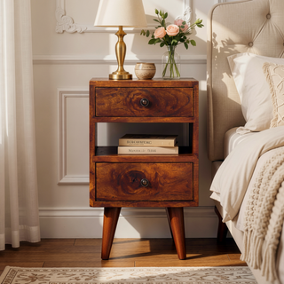 Sunvega Solid Mango Wood Mini Classic Oak-ish Nightstand with Two Drawers and Open Slot