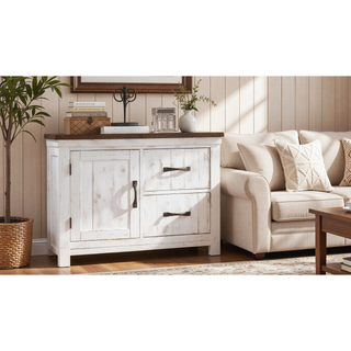 Sunvega Modern Transitional Chest with Metal Drawer Handles in Distressed White and Walnut Finish