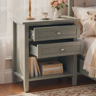 Sunvega Fog Grey Solid Wood Nightstand with Two Drawers and Open Shelf