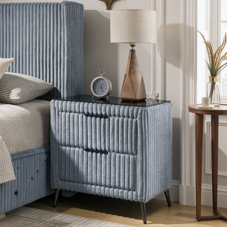 Sunvega Blue Wide Wale Corduroy Upholstery Nightstand with Two Spacious Drawers