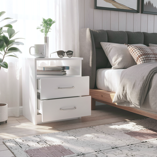 Sunvega White Nightstand with Two Drawers and Shelf for Bedroom or Living Room