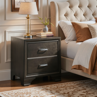 Sunvega Grey 2-Drawer Nightstand with Mirror Inlaid and Safety Stop Mechanism