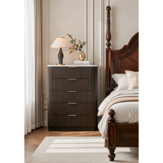 Sunvega Contemporary Dark Walnut Finish Chest with Artificial Marble Top and Metal Side Glides