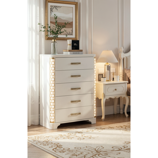 Sunvega Beige Wood 5-Drawer Chest with Gold Accent Pulls and LED Lighting